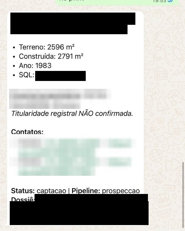 Dossiê do imóvel com metragem, ano e status no pipeline