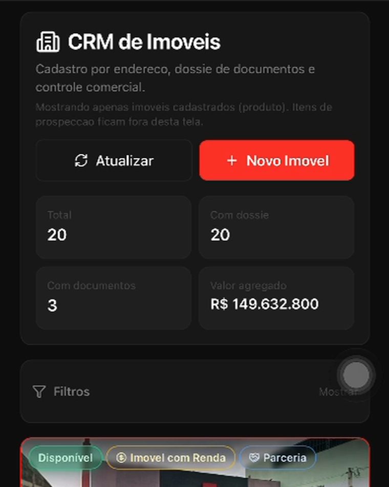 Painel da operação com CRM de imóveis e valor agregado da carteira