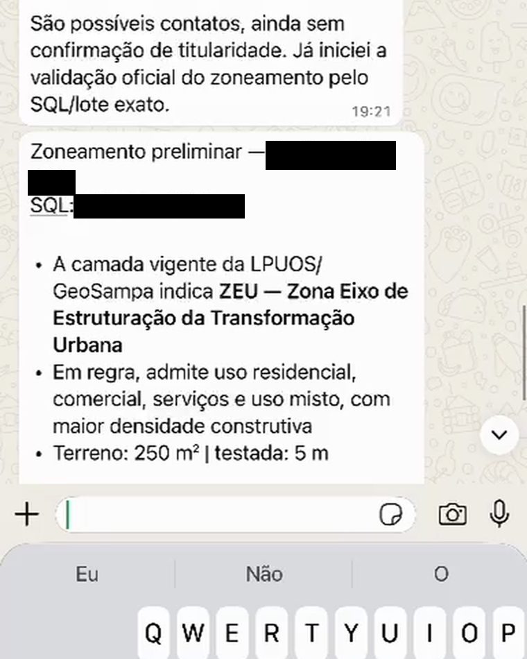 Análise de zoneamento indicando ZEU e declarando que ainda não está confirmada
